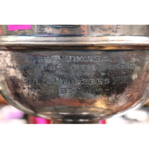 281 - Large Silver Rose bowl mounted on pedestal base engraved 'Bury St Edmunds Allotment & Garden Associa... 