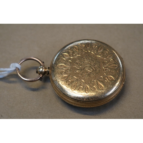 288 - Stauffer Son & Co 14K Gold cased pocket watch with enamelled roman numeral dial and engraved case. 4... 