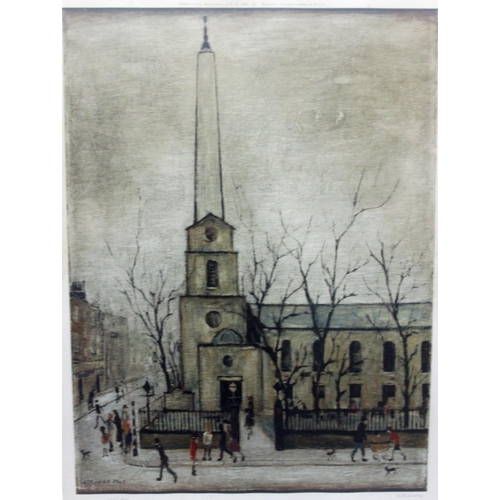 L S Lowry "Saint Luke's Church, Old Street London, E. C." Framed Signed Limited Edition 0f 850. L S Lowry (British, 1887-1976), 'Saint Luke's Church, Old Street London, E. C.' limited edition coloured print No.225/850, signed in pencil by the artist and in the plate, published in 1973 by permission of G R Mellor Esq. With publisher's backstamp. The image 61x48cm approx. Framed and glazed.