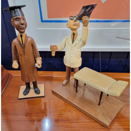 69 - Two Romer Vintage Italian Wood Hand Carved Figures, Doctor with X-Ray and Graduate c1950's. Heights ... 