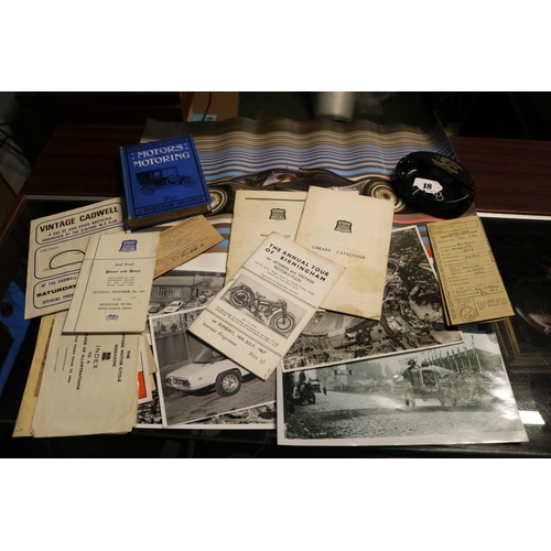 161 - Quantity of Vintage Motorcycle memorabilia, photos, Car Ashtray, Book and 2 Lola Racing Posters.