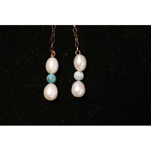 360 - Pair of Ladies Pearl and Turquoise set drop earrings