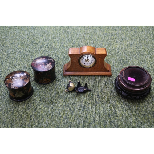 101 - Edwardian Inlaid Mantel clock with numeral dial, 3 Japanese paper Mache powder pots, Walter Bosse Ca... 