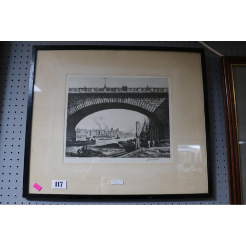 117 - Framed Etching of London Bridge signed in Pencil by Graham Calverd indistinctly signed