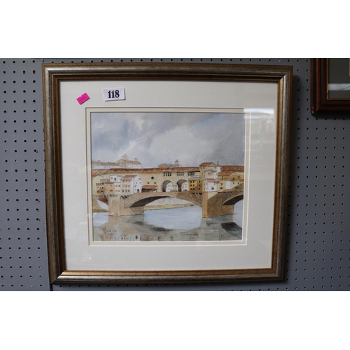 118 - M Cook Framed watercolour of Ponte Vecchio dated 2005 and another