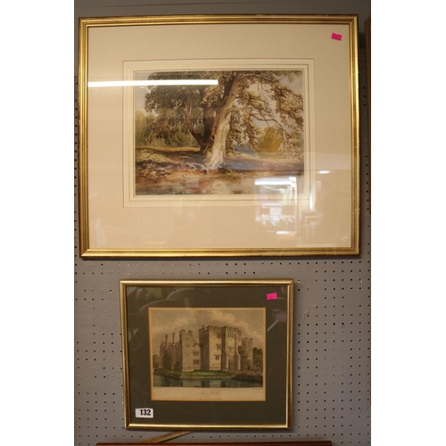 132 - Hever Castle engraving by Letitia Byrne mounted and framed and a Framed watercolour of a TRee over r... 