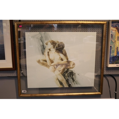 140 - Original etching featuring nude female & male in an embrace. Indistinctly signed bottom right. Frame... 