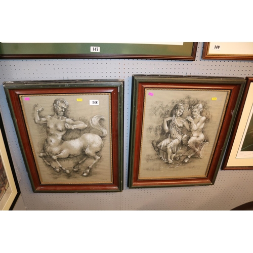 148 - Pair of Framed Charcoal and Chalk signed Emery depicting a Faun with woman and a Centaur 39 x 51cm