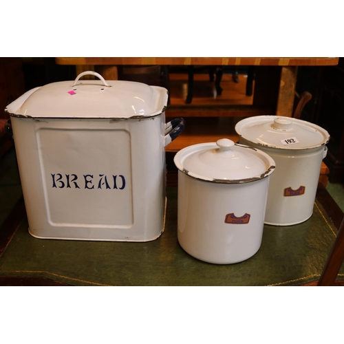 192 - Collection of 3 Enamel Tins inc. Bread Tin and 2 Flour lidded tins