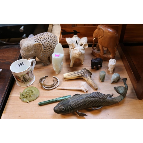 197 - Japanese Bronze figure of a Carp and assorted bygones and collectables