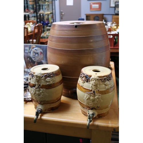 222 - Pair of 19thC Stoneware glazed Spirit barrels with applied Crests and a Large 2 Tone Pottery Barrel