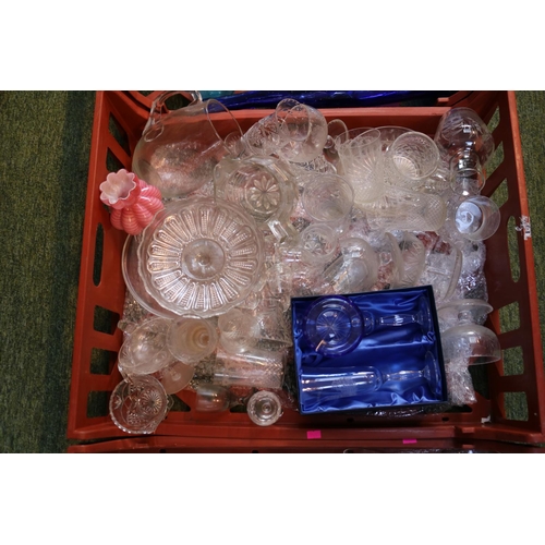 223 - 3 Trays of assorted Crystal and glassware to include Drinking glasses, Vases etc