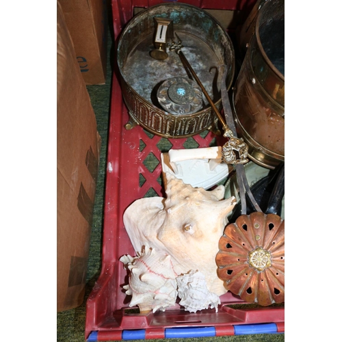 229 - Box of Antique Brass and Copperware inc. Chestnut warmer, Log Bucket, Brass Watering Can etc