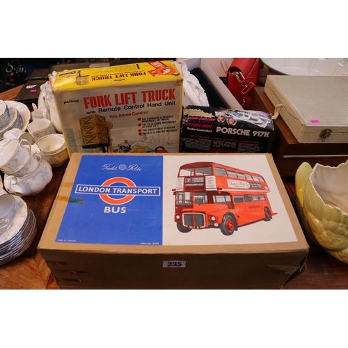 235 - Boxed Tudor Rose London Transport Bus, Boxed Fork lift Truck by Palitoy and a boxed Motora-Wave Radi... 