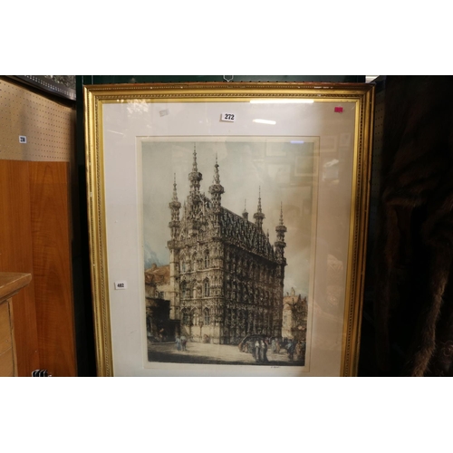 272 - Framed engraving of Leuven Town Hall, Belgium mounted and Gesso gilt framed