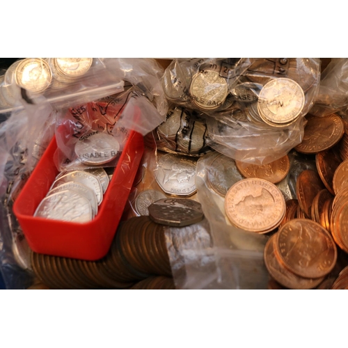 324 - Box of assorted British coins to include First Decimal Sets, 50p Coins, Penny Coins