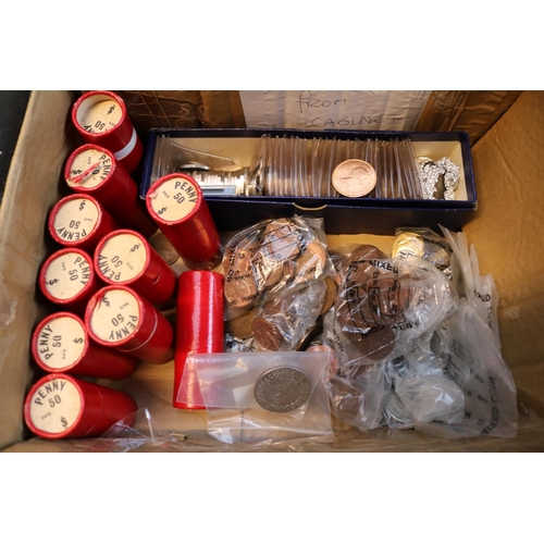 325 - Box of assorted British coins to include Copper Pennies in Tubes