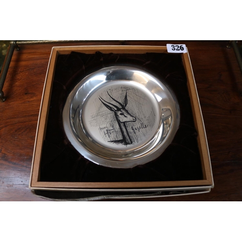 326 - Boxed Bernard Buffet 1973 La Gazelle Silver plate with certificates. 20cm in Diameter