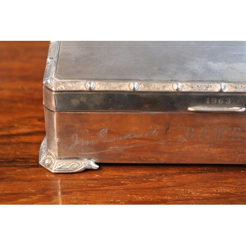 330 - Davis Duff of Glasgow Silver Machined cigarette box on Celtic design bracket feet with Cedar lining ... 