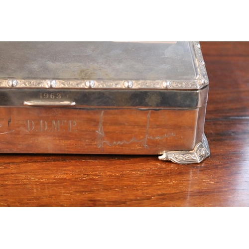 330 - Davis Duff of Glasgow Silver Machined cigarette box on Celtic design bracket feet with Cedar lining ... 