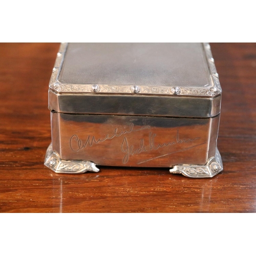 330 - Davis Duff of Glasgow Silver Machined cigarette box on Celtic design bracket feet with Cedar lining ... 