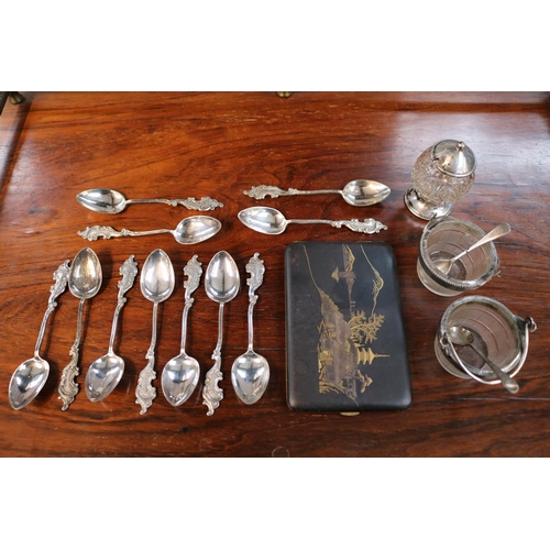 335 - Collection of assorted Silver and White metal tableware inc. Pair of Bucket style Salts, Japanese Ci... 