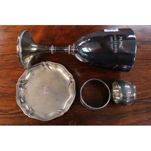 340 - Collection of assorted Silver items to include Trophy, Beaker, Napkin rings and a Pin Dish 300g tota... 