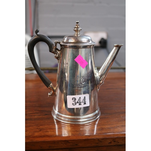 George III Silver Coffee Pot with Ebony Handle, Turned Knop on hinged lid and stepped base, engraved with Stags head London 1817. 495g total weight