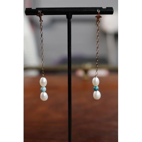 360 - Pair of Ladies Pearl and Turquoise set drop earrings