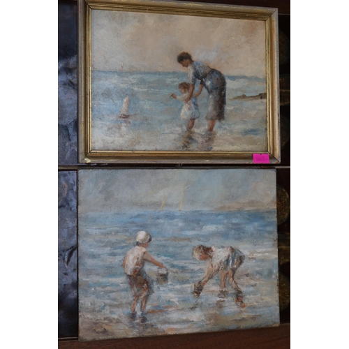 67 - Pair of European Impressionist Oil on paper Figural beach scenes unsigned 25 x 20cm