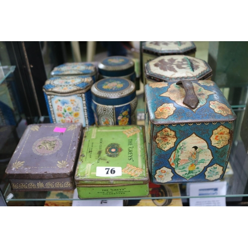 76 - Collection of Six Enamel Tea Caddies & Biscuit Tins. Including, The Greys, Royal Scots Greys, Major ... 