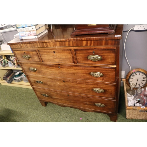 400 - 19thC Mahogany chest of 3 over 3 drawers with oval brass drop handles with bracket apron front