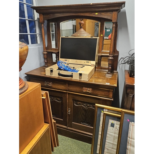 436 - Oak Art Nouveau Mirror backed Dresser with bevel edged mirror over Hammered copper drop handles and ... 