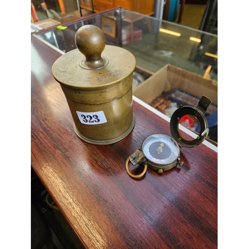 323 - 1917 Military Field Compass and a Heavy Brass Trench Art WWI Lidded Tobacco cannister