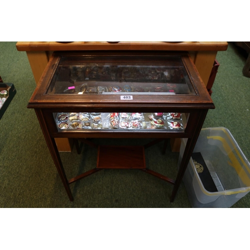 403 - Edwardian glazed Bijoux jewellery cabinet with lift up top over glazed rectangle with cruciform unde... 