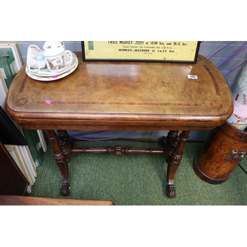 406 - Victorian Walnut Fold Over Card Table with Inlaid decoration and Turned Supports over Scroll carved ... 