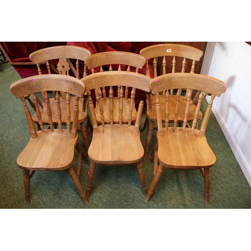 416 - Set of 6 20thC Pine Kitchen chairs with turned spindles and legs