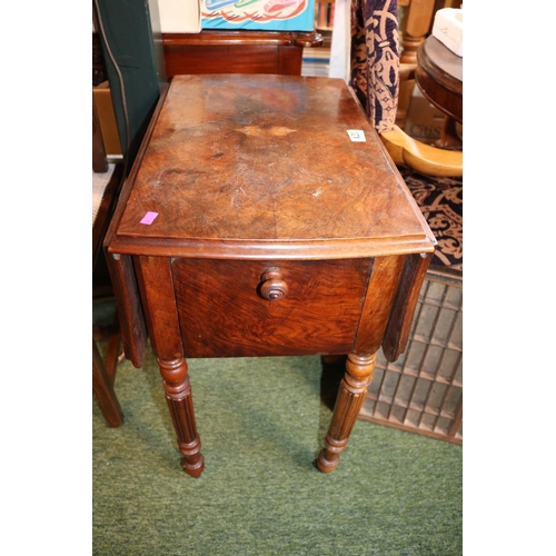 421 - 19thC Walnut topped drop leaf side table on fluted legs and brass casters