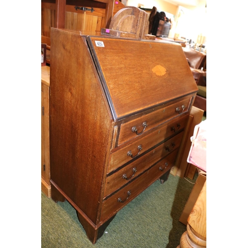 425 - Early 20th century Edwardian bureau with shell motif inlay, fitted interior, original brass dropped ... 