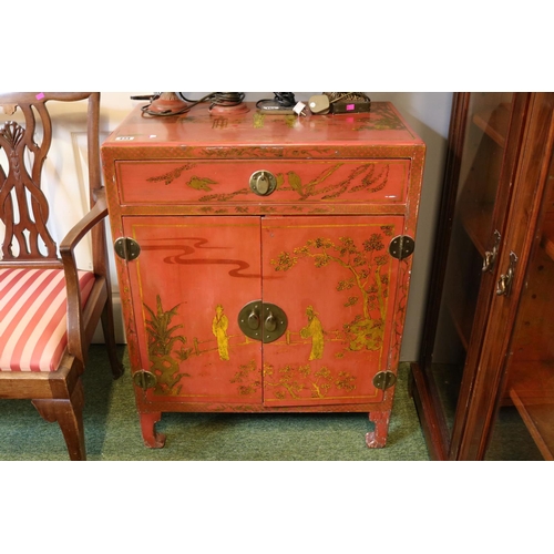 433 - Chinese lacquered Chinoiserie Cabinet with drawer and brass fittings