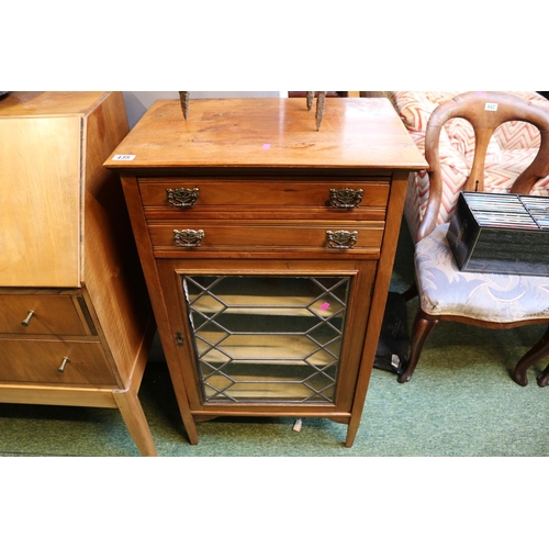 438 - Edwardian Cabinet of 2 drawers with brass drop handles over leaded glazed door and tapering legs