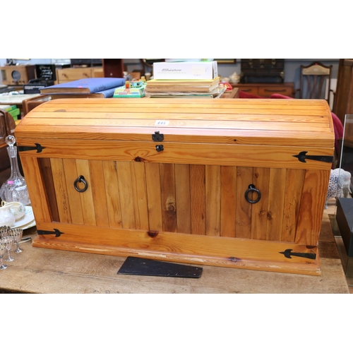 445 - Pine Domed Blanket Box with metal hoop handles and corner brackets