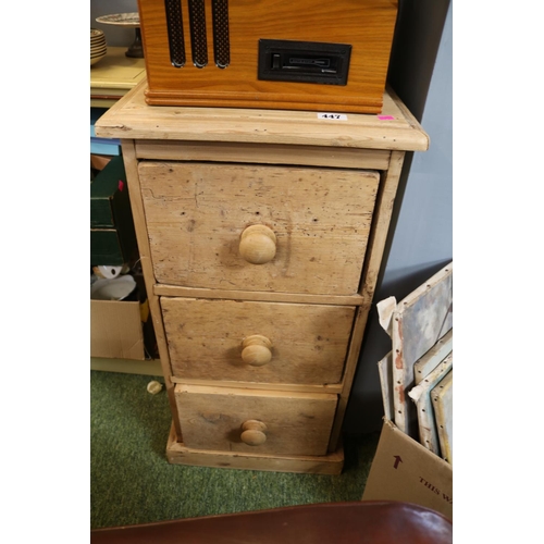 447 - Pine 3 Drawer Chest with turned handles