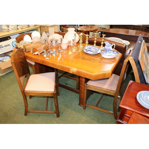 453 - Art Deco Walnut Shaped top dining table with a Set of 4 Art Deco Herring bone veneered dining chairs