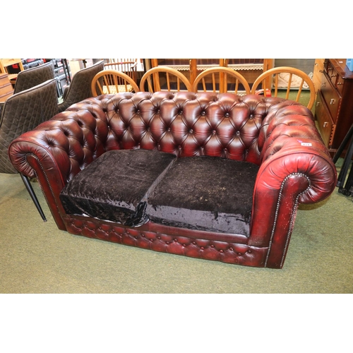 454 - Maroon Leather Chesterfield 2 seater with fabric seats