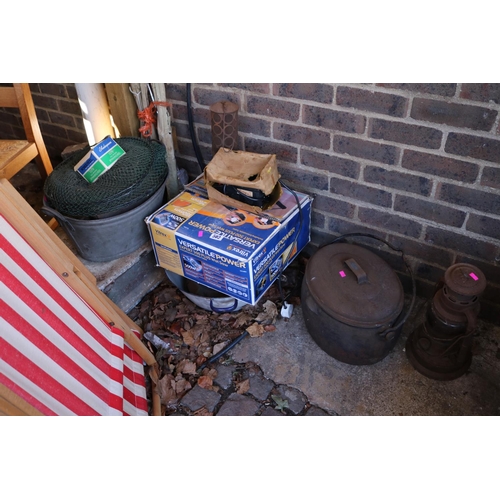 502 - Cast Iron Cook pot, Vintage Storm Lamp and assorted Bygones