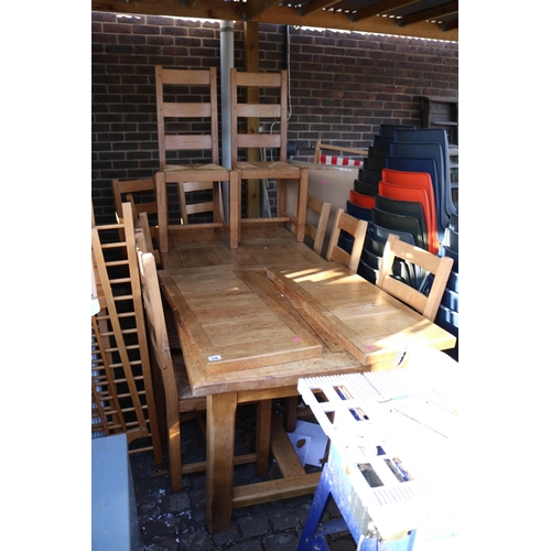 510 - Long French Oak dining table and a set of 8 Rush seated chairs