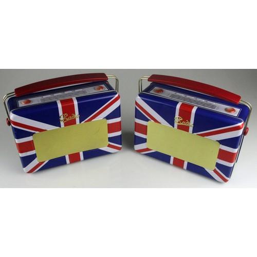 381 - Two biscuit tins modelled as the Roberts Revival Union Jack Limited Edition radio with handles