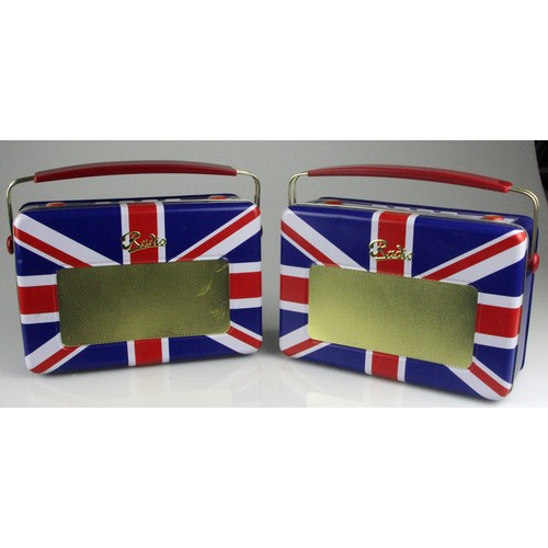 381 - Two biscuit tins modelled as the Roberts Revival Union Jack Limited Edition radio with handles