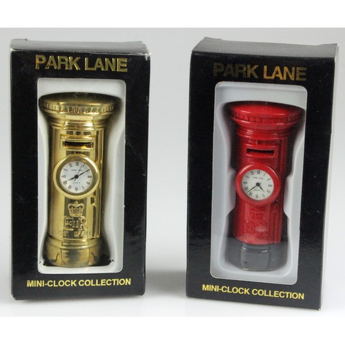 382 - Two Park Lane miniature post box clocks in boxes